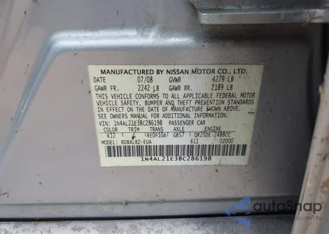2008 Nissan Altima 2.5 S from USA, damaged, VIN 1N4AL21E38C286198